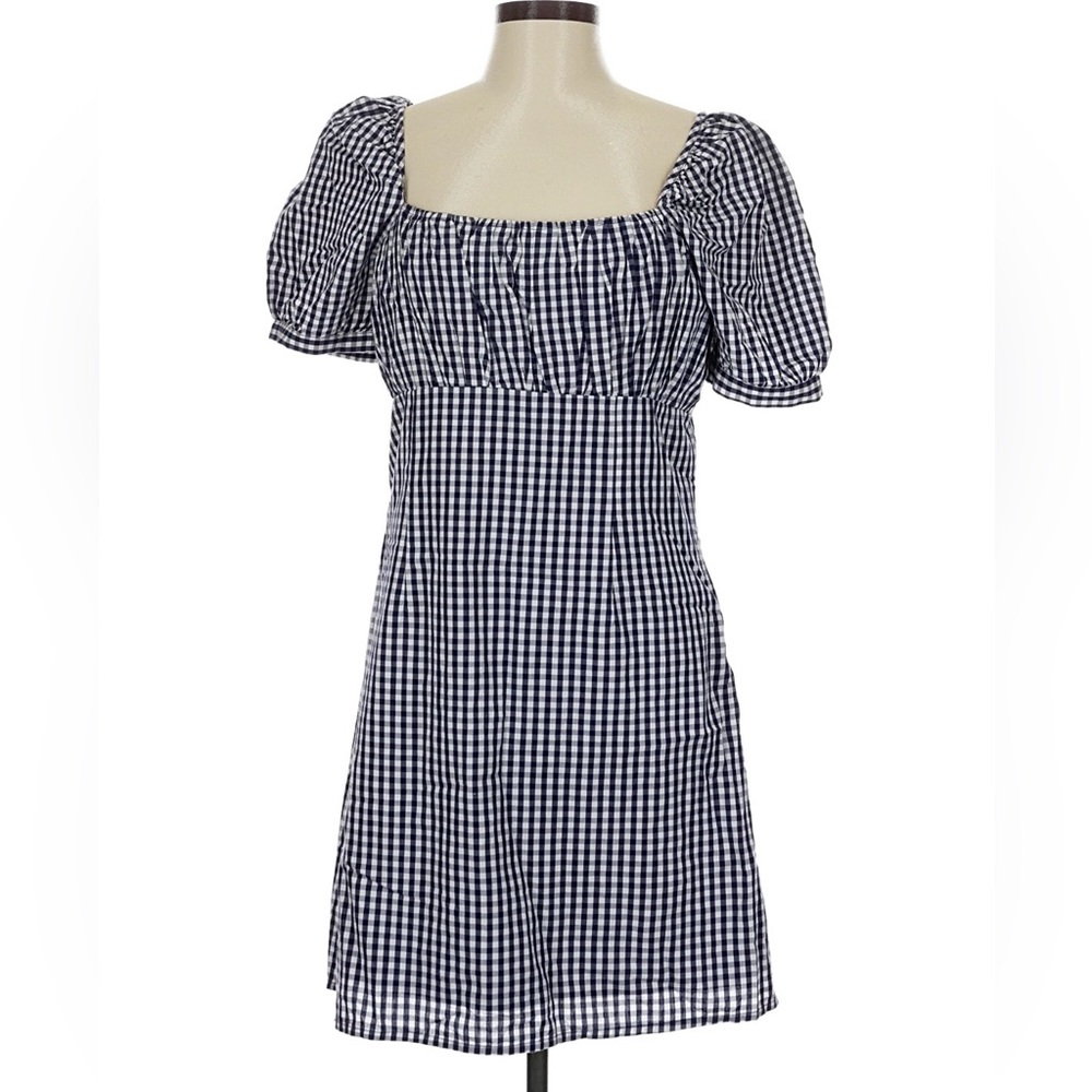 Forever That Girl Anthropologie Collections Navy Gingham Puff Sleeve Mini Dress